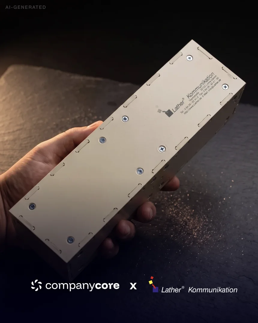 KI-generiertes Visual: Hand hält ein beiges Metallgehäuse mit dem Logo von Lather Kommunikation vor dunklem Schiefer, Logos „companycore × Lather Kommunikation"