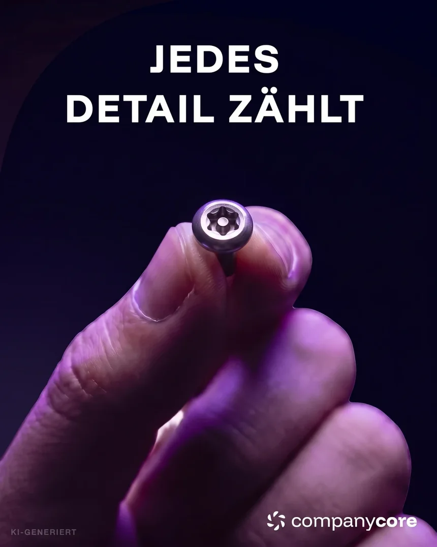 KI-generiertes Visual: Hand hält eine Torx-Sicherheitsschraube, Headline „Jedes Detail zählt", companycore-Logo