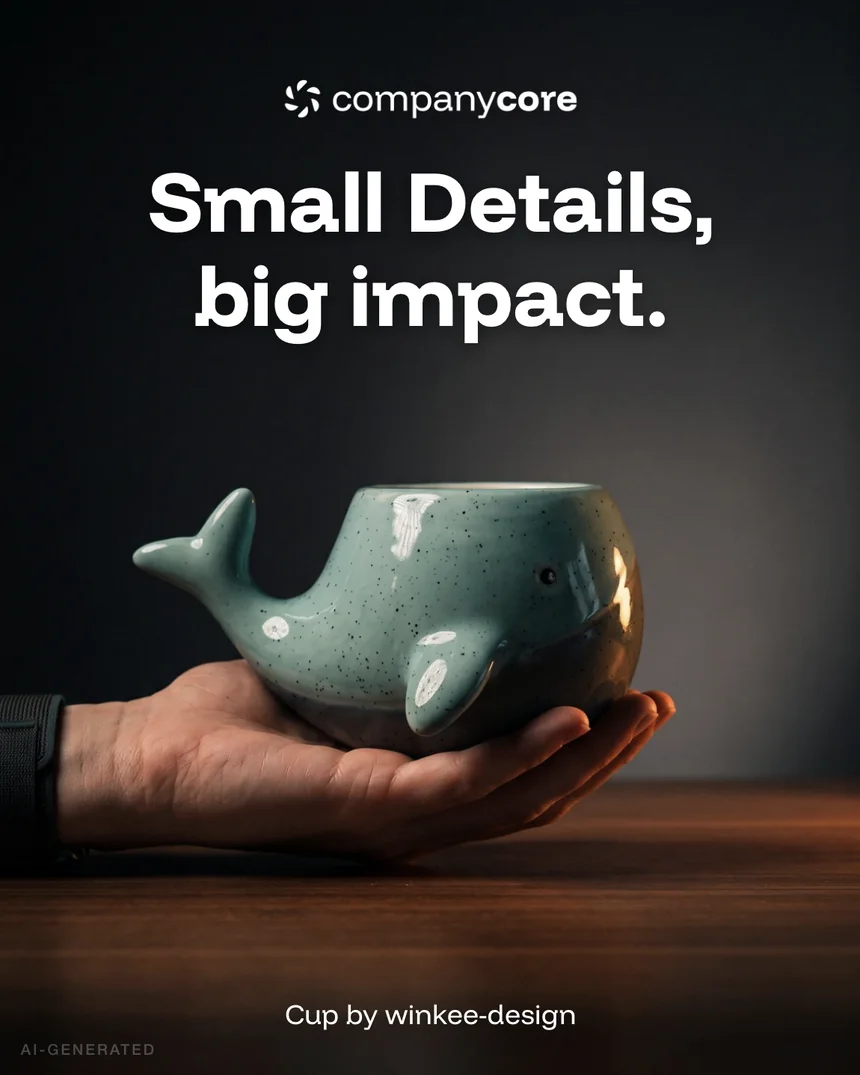 KI-generiertes Visual: Hand hält eine mintgrüne Tasse in Walform vor dunklem Hintergrund, Headline „Small Details, big impact.", Zeile „Cup by winkee-design", companycore-Logo