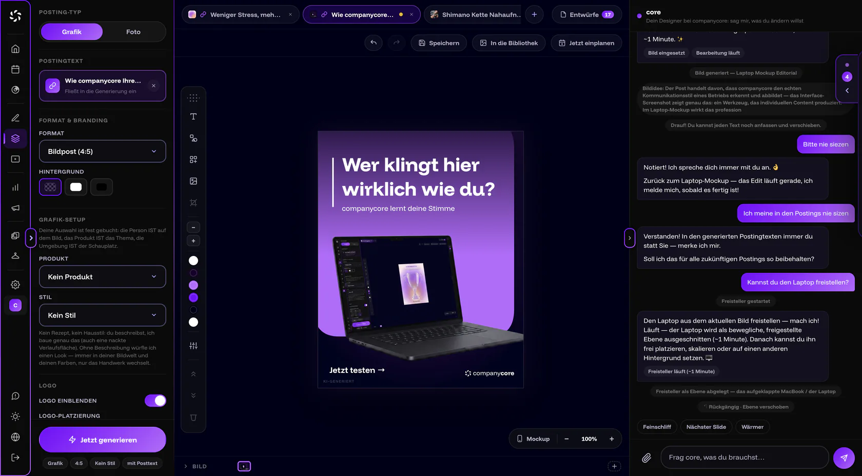 Visual Designer mit Bildeinstellungen, fertigem Visual und core-Chat