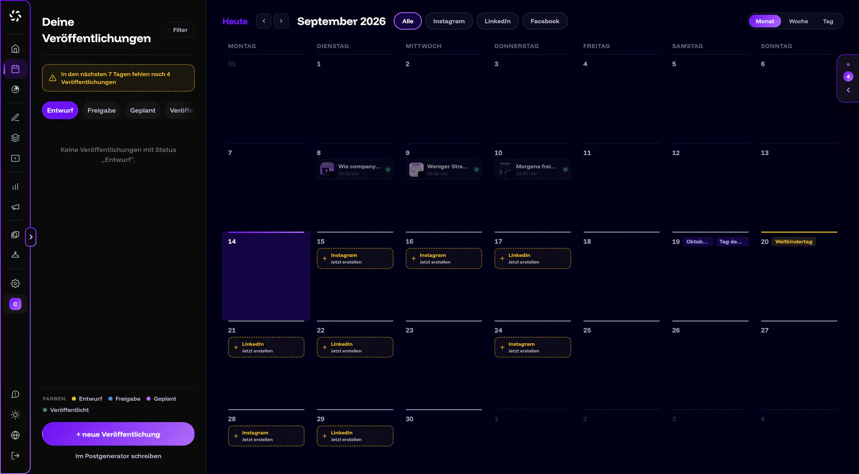 Kalender „Deine Veröffentlichungen“ mit geplanten Posts im Monat