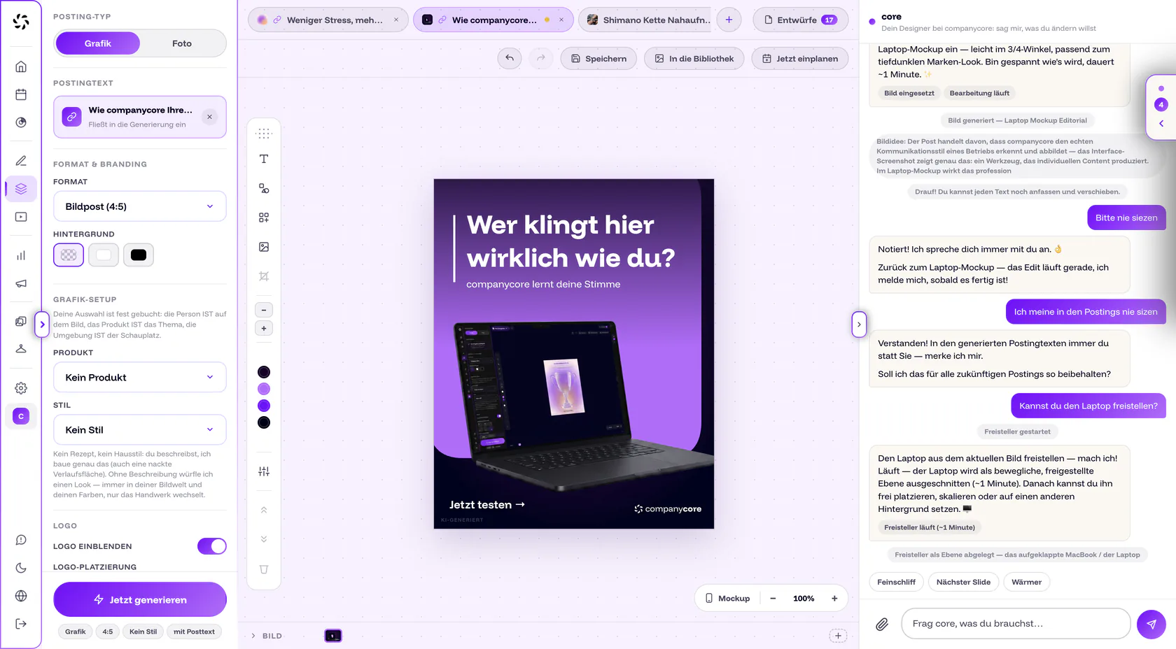 Visual Designer mit Bildeinstellungen, fertigem Visual und core-Chat