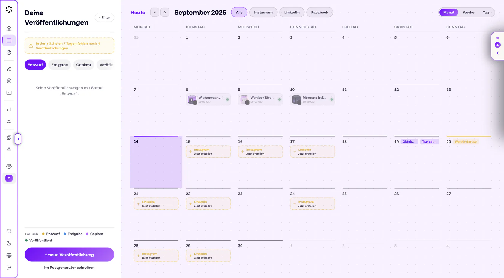 Kalender „Deine Veröffentlichungen“ mit geplanten Posts im Monat