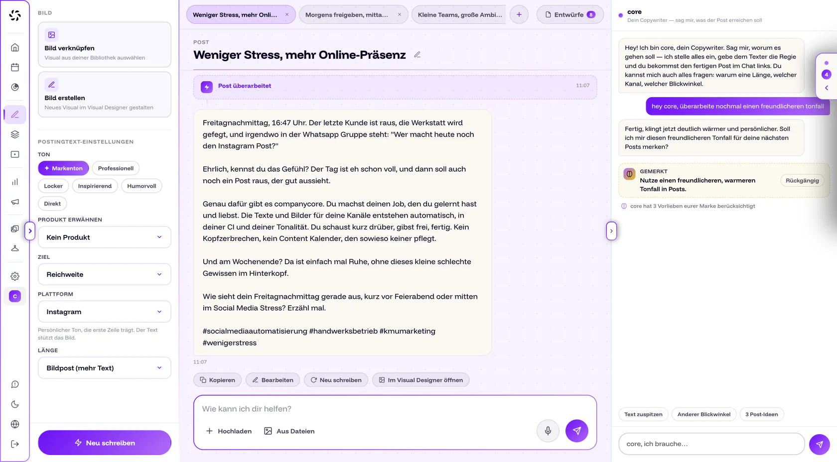 Postgenerator mit Post-Entwurf, Einstellungen und core-Chat